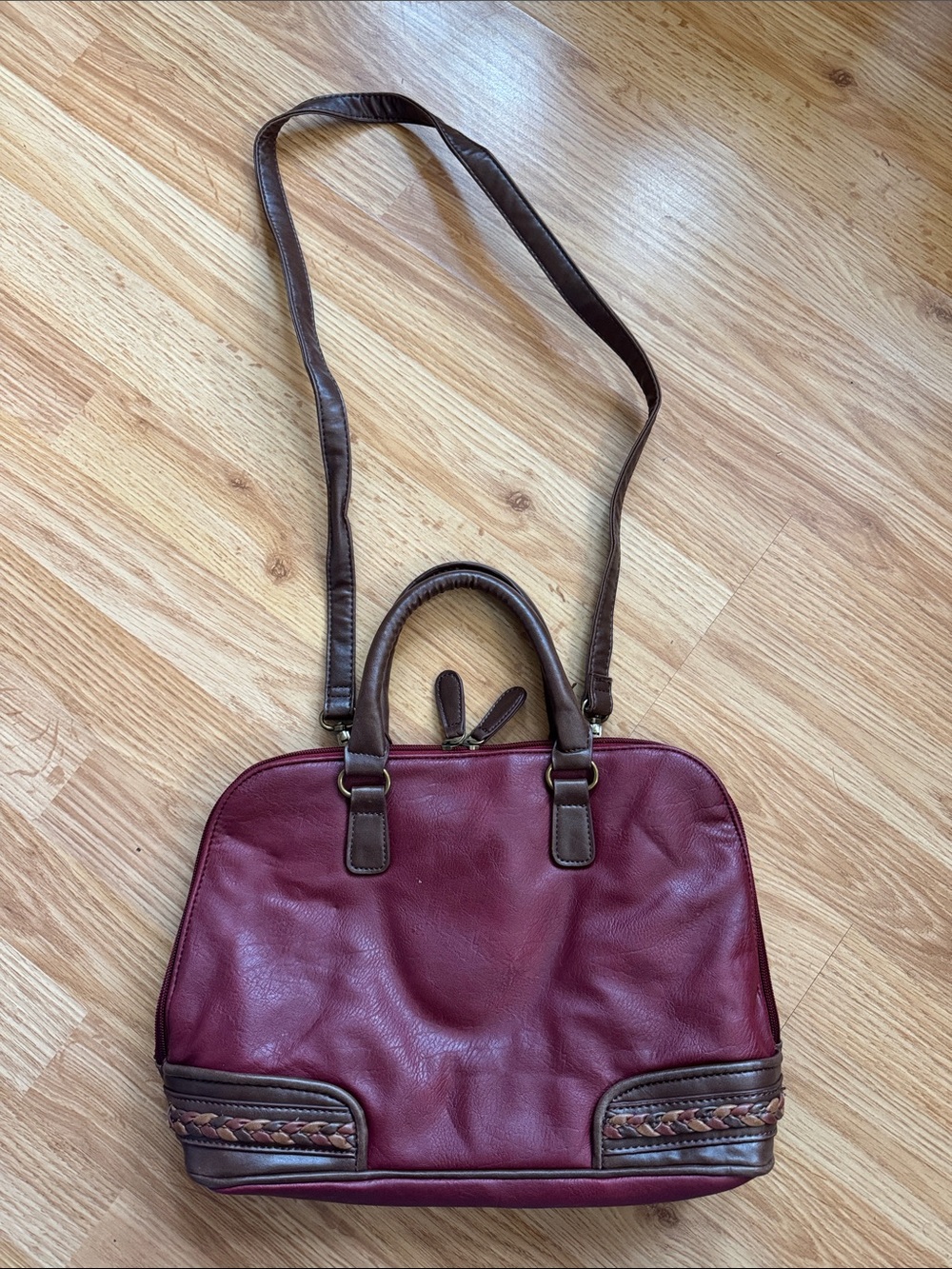 Burgundy Faux Leather Satchel with Brown Trim 🔅
